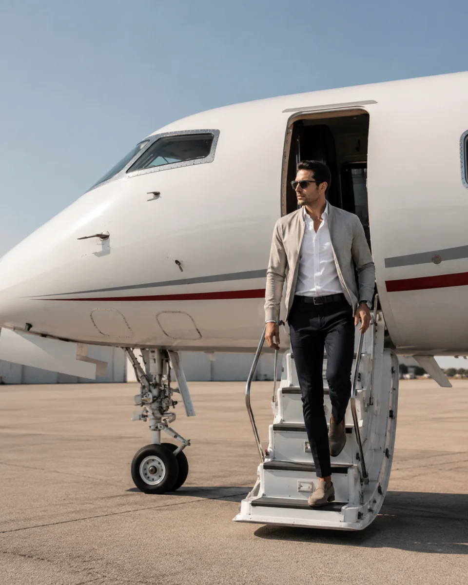 Member descending a private jet airstair