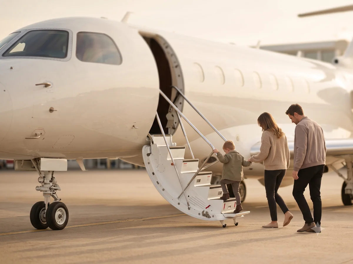 Parents and child at the aircraft steps before boarding